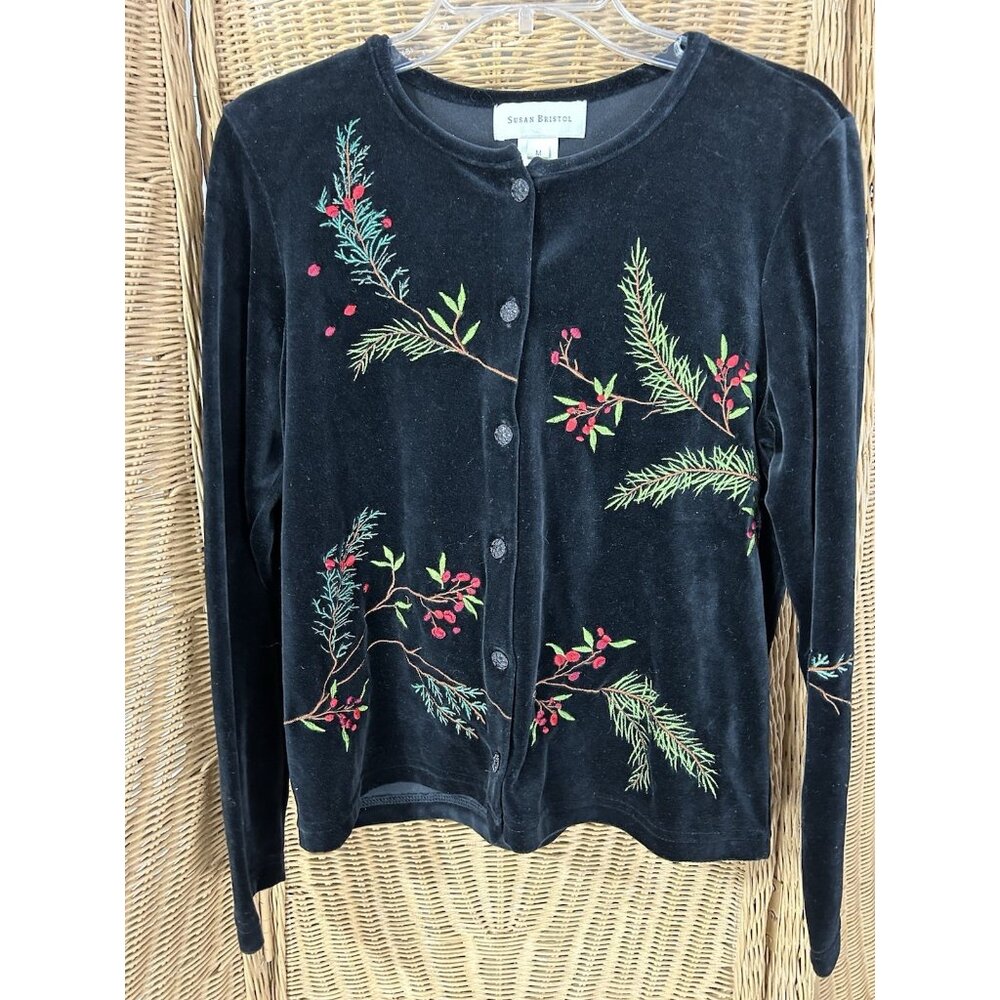 susan bristol cardigan Velvet Winter Pine Sprigs Berries Medium Christmas